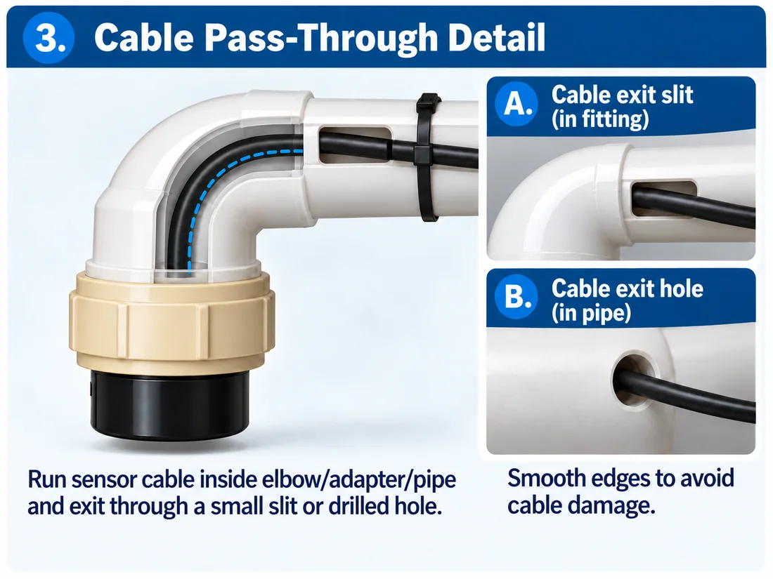 Cable through PVC sensor elbow exiting through an elongated smooth-edged slit