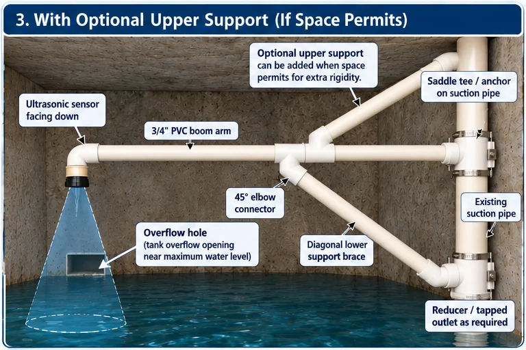 Optional upper support over PVC sensor boom in concrete cistern