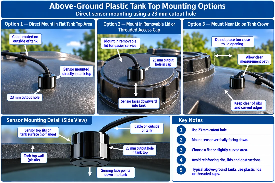 ECO 1 ultrasonic sensor mounting positions on a cylindrical tank lid or suitable flat top surface