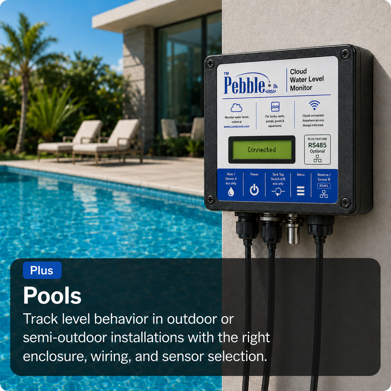 Pebble Plus pool level monitoring application installed near an outdoor swimming pool