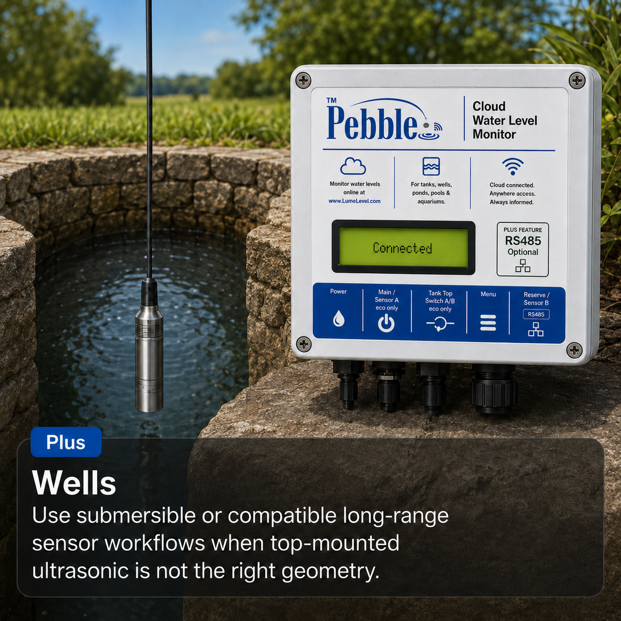 Pebble Plus well monitoring application with submersible level sensor lowered into a stone well